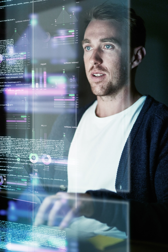 focus,,man,and,programmer,with,hologram,,cyber,security,and,futuristic